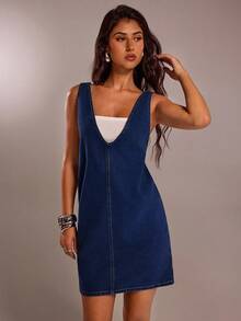 SHEIN Forever 21 春季通勤简约复古直筒牛仔连衣裙 - 深色水洗藍 - 查看 7