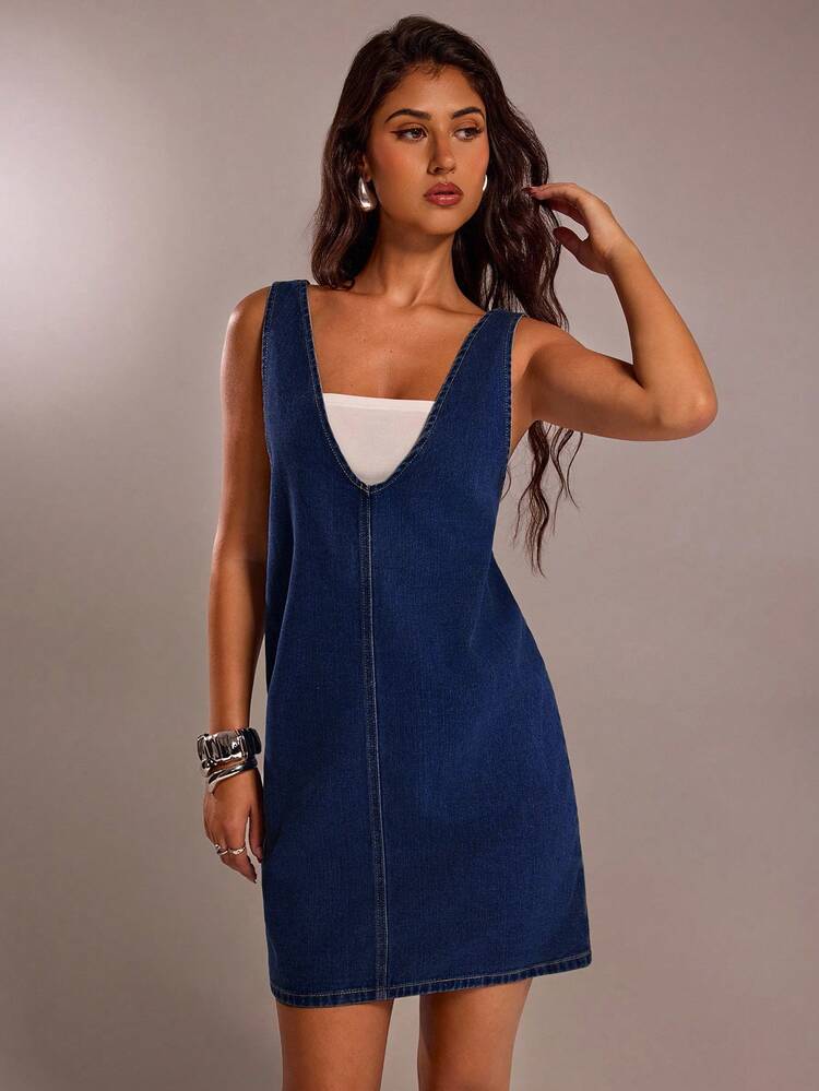 SHEIN Forever 21 Váy denim ống đứng cổ điển tối giản cho mùa xuân - Rửa tối - Xem 7