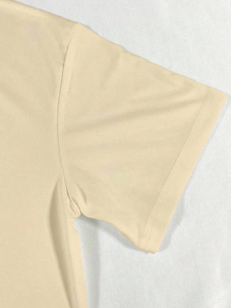 SHEIN 女士休闲蝴蝶印花落肩T恤，夏季 - 杏色 - 查看 3