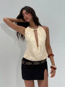 Aloruh Women's Sexy Hollow Out Sequin Backless Draped Neck Top, Summer - Apricot - View 3