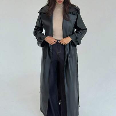 새로운 빈티지 아메리칸 스타일 레이스업 PU 가죽 트렌치 코트, 슬림핏 엑스트라 롱 더블브레스티드 가죽 재킷, 가을용 트렌치 코트