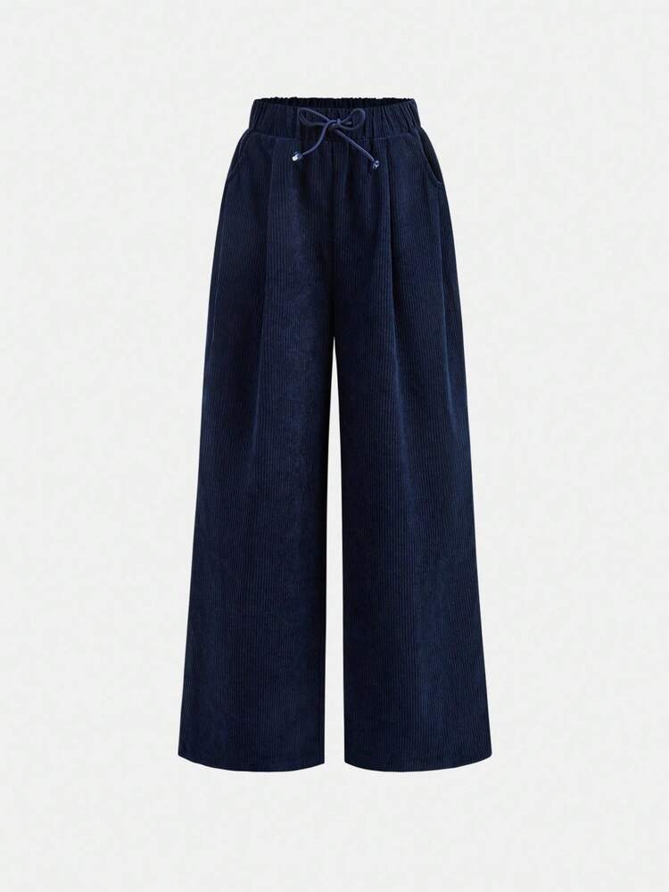 SHEIN 宽松休闲舒适中腰长款超长运动裤，适合少女 - 藏蓝色 - 查看 5