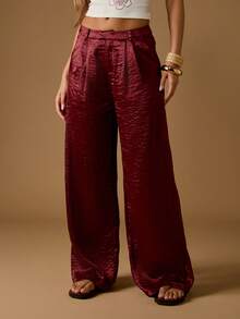 MISSGUIDED 奢华缎面阔腿裤天鹅绒酒红色褶皱高腰晚会节日正式家居服冬秋季系列正装裤 - 棕色 - 查看 1