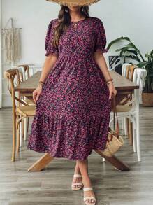 SHEIN VCAY 大码女式花卉印花圆领短款泡泡袖休闲连衣裙 - 彩色 - 查看 6