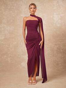 Lumalex 女式围巾领、褶皱胸部和侧开衩超长连衣裙 - 中紫紅色 - 查看 3