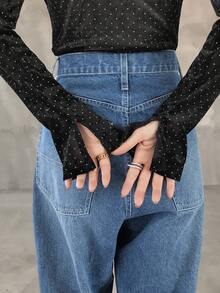 FRIFUL 女式黑色波尔卡圆点透明网眼长袖休闲T恤，适合秋季穿着 - 黑色 - 查看 1