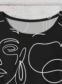 EMERY ROSE Lễ hội âm nhạc trở lại trường Quần áo cỡ lớn dành cho nữ mặc thường ngày, phong cách cổ điển, họa tiết mặt người trừu tượng thanh lịch, cổ tròn, tay áo bay nhỏ hai lớp, áo rộng cho nữ, trang phục mùa hè, trang phục đi nghỉ của nữ, trang phục mùa hè của nữ, áo đi chơi của nữ - màu đen - Xem 3