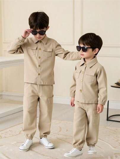 SHEIN 2 件套年轻男孩返校休闲舒适纯色长袖 Polo 衫和松紧袖口裤子套装，加厚学院风