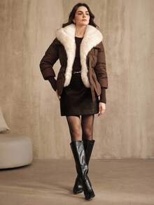 Anewsta Women's Elegant Faux Fur Collar Trim Cinched Waist Long Sleeve Zip-Up Padded Coat, Winter