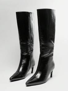 SHUZIA Y2K Women's Perfectly Pointed Toe, Vintage-Inspired Seaming & Side Zipper Premium Oil-Finished PU Black Kitten Heel Tall Boots–Elegant, Chic & Easy To Wear For Christmas - Black - View 7