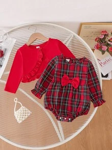 Souflis Souflis 女婴优雅甜美外套格子连体衣套装，秋冬装 - 紅色 - 查看 3