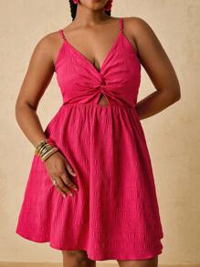 SHEIN VCAY 大码假日夏季玫红色前扭纹宽松短款连衣裙，后系带蝴蝶结连衣裙，串珠连衣裙 - 玫紅色 - 查看 2