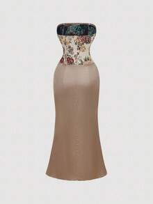 SHEIN MOD 女士花卉拼接提花褶裥鱼尾优雅无肩带中长连衣裙 - 彩色 - 查看 3