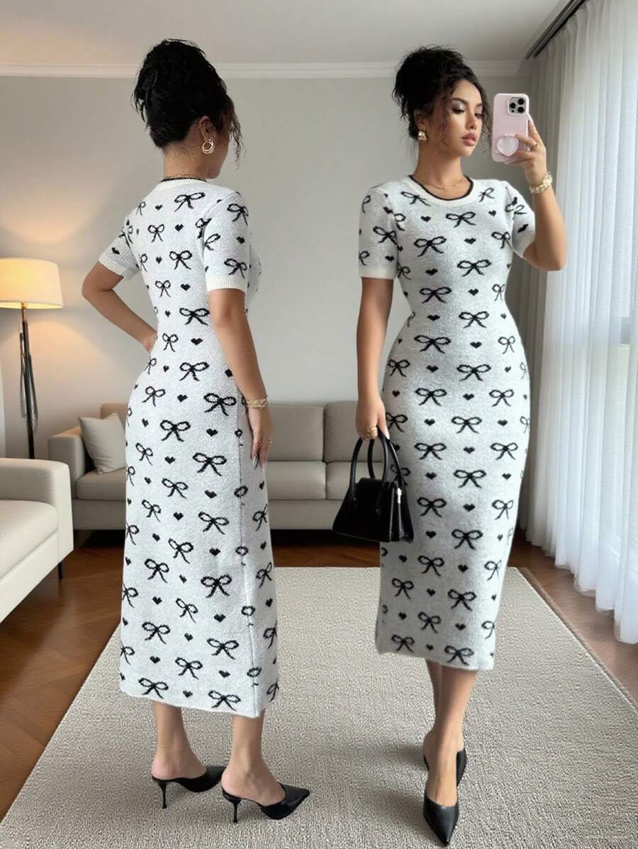 SHEIN Raffinéa 女士时尚圆领短袖蝴蝶针织连衣裙 - 黑與白 - 查看 1