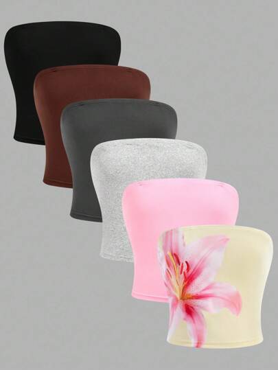 SHEIN Girlism 6 件套青少年女孩休闲度假家居花卉印花修身短款吊带背心