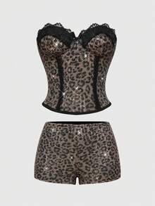 ROMWE Grunge Punk Y2K Leoprint Pailletten glänzendes kurzes Camisole-Top & Spitzenbesatz Super Mini Shorts 2-teiliges Set, für Musikfestivals, Partys, Clubs - Schwarz - Übersicht 1