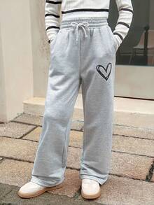 SHEIN 青少年女孩休闲宽松直筒针织运动裤，适合周末、休闲外出、返校、秋冬 - 淺灰色 - 查看 9
