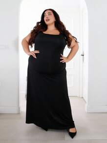 Plus Size Solid Square Neck Sleeveless Dress Maxi Women Outfit - Black - View 1