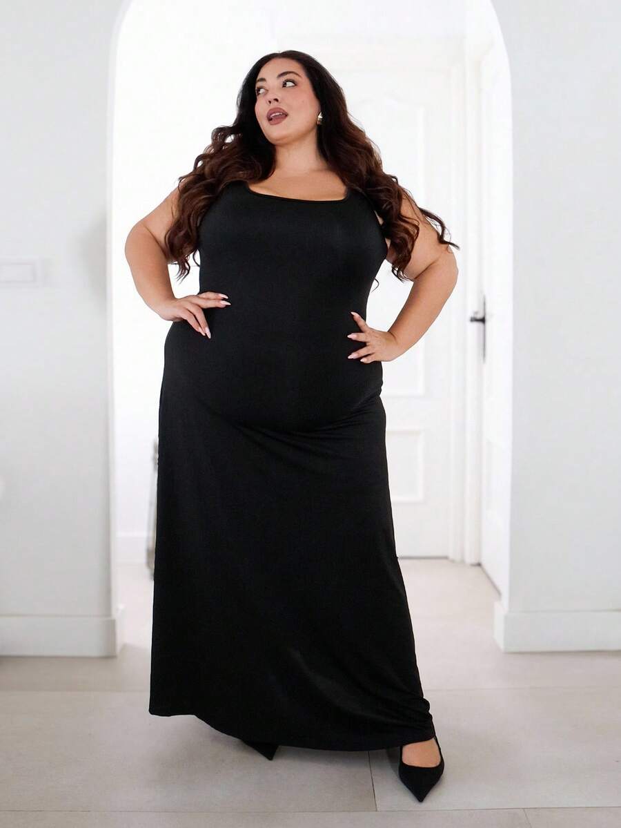Plus Size Solid Square Neck Sleeveless Dress Maxi Women Outfit - Black - View 1