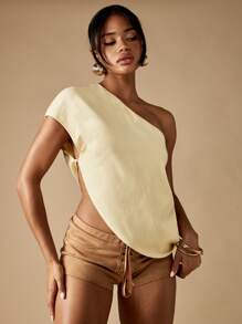 MISSGUIDED 单肩短款上衣晚会俱乐部优雅现代设计时尚女性简约不对称休闲现代夏季 - 杏色 - 查看 1