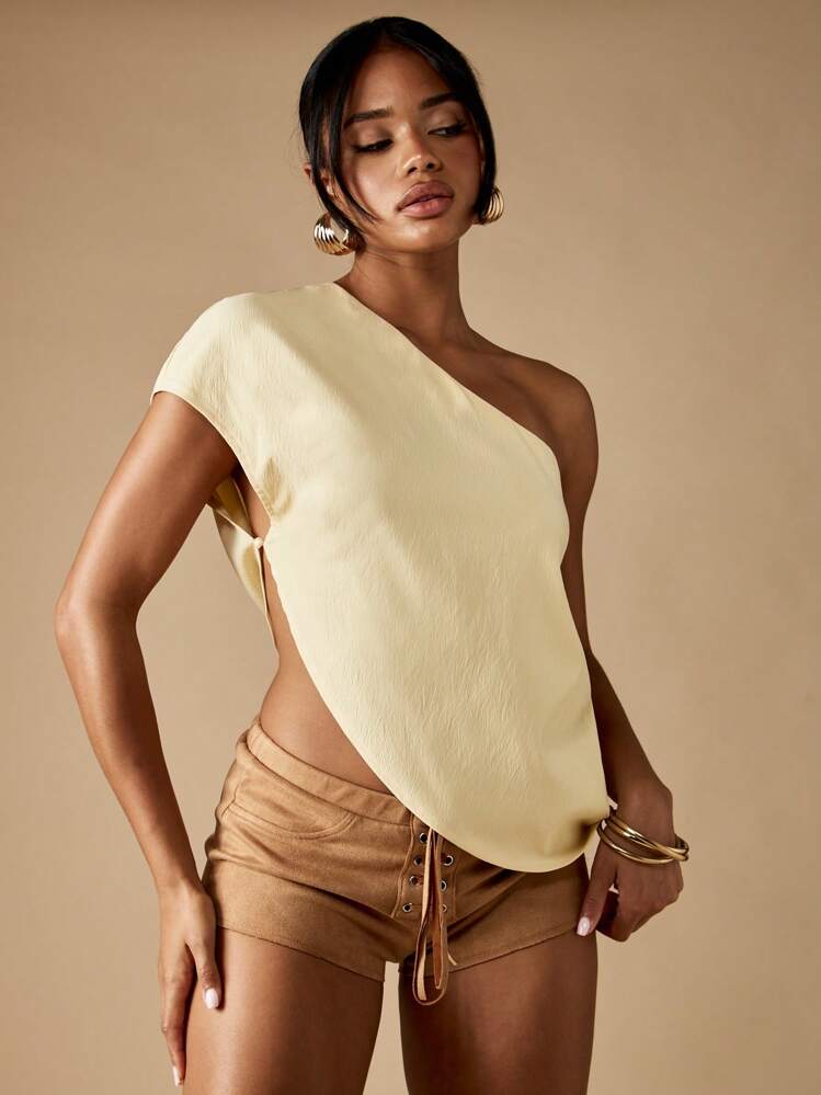 MISSGUIDED 单肩短款上衣晚会俱乐部优雅现代设计时尚女性简约不对称休闲现代夏季 - 杏色 - 查看 1