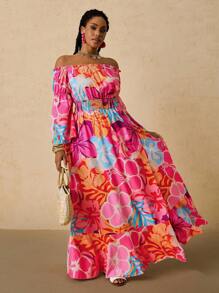 SHEIN VCAY 大码女式热带花卉印花单肩长袖喇叭前开衩长裙 - 彩色 - 查看 6