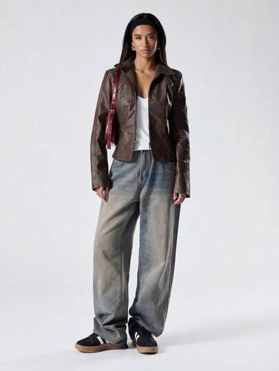 LYSMO 大码休闲复古棕色双拉链PU皮夹克