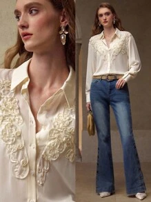 MOTF PREMIUM APPLIQUES BUTTON UP SHIRT - Apricot - View 8