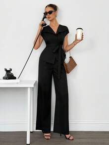 SHEIN Tall 女士优雅办公室套装、上衣和裤子黑色长裤套装，女士黑色阔腿裤套装，秋冬 - 酒紅色 - 查看 5