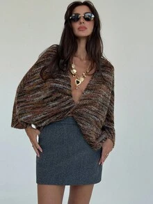 Aloruh 女式复古条纹扭结长袖套头衫，秋冬 - 棕色 - 查看 3