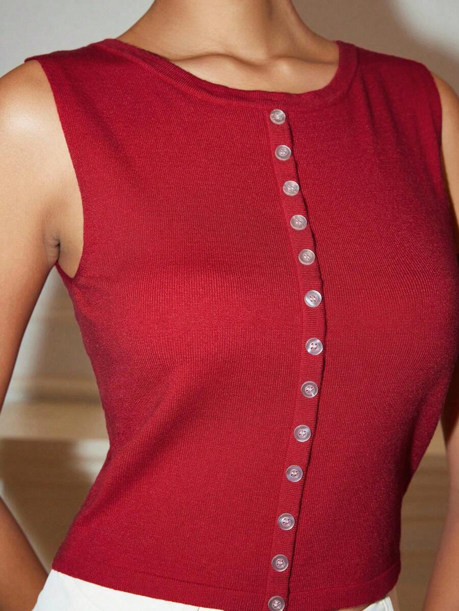 Chiquease Casual Versatile Solid Color Red Sleeveless Knit Top Knitted Sweater - Red - View 1