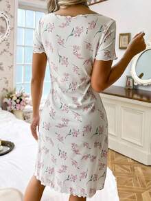 CottageSlumber Romantic-Flora Women's Knit Collar Bow Decor Romantic Floral Print Short Sleeve Nightgown Women Pajama Gown Women Pajama Dress Women Sleepwear Women Floral Sleepwear Floral Pajama Dress  Cozy And Elegant Details - Multicolor - View 3