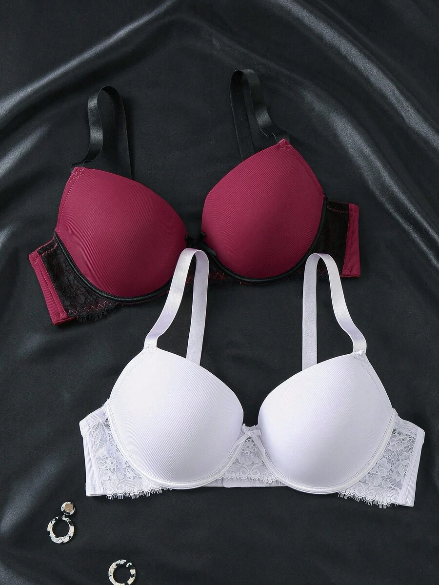 SHEIN 2pcs/Set Plus Size Women Lace Patchwork Minimalist Underwire Bra With Lift & Side Support - Multicolor - View 1