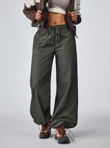 Pantalones vaqueros de pierna ancha con cintura con cordón y bolsillos para mujer, pantalones para exteriores para senderismo, protección solar, ligeros y de secado rápido con bolsillos para senderismo - Verde militar - Ver 5