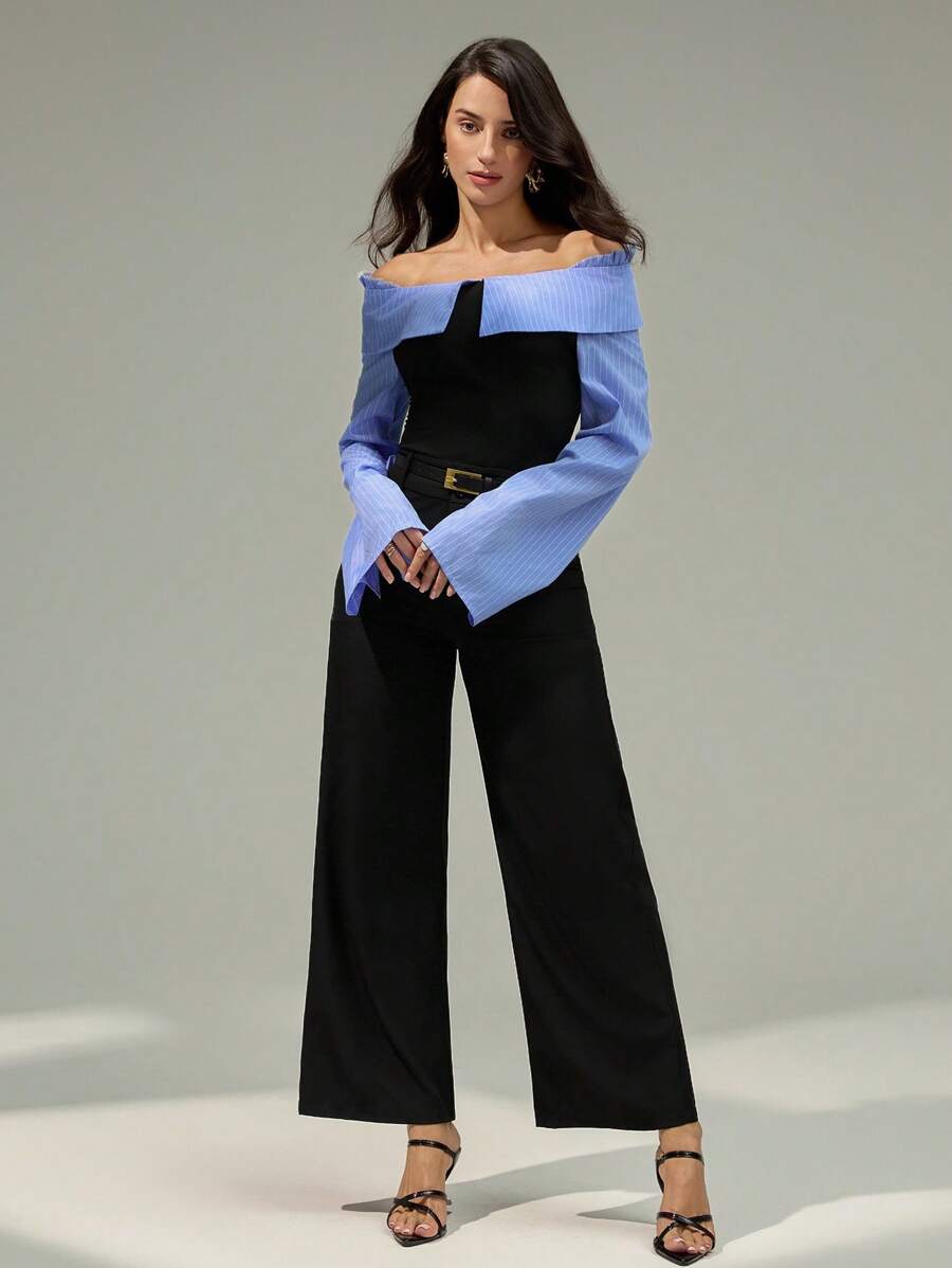 Modelyn Conjunto de 2 Peças Elegante Feminino com Nó de Bambu na Cintura, Design da Moda, Adequado para Primavera, Verão, Outono - Preto - Visão 1