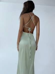 Aloruh Women's Fashionable Elegant Backless Pleated Spaghetti Strap Dress,Party Dress,Wedding Guest Dress - Green - View 2