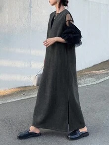 FRIFUL 女士纯色深灰色V领无袖羊毛面料宽松直筒休闲百搭侧开衩连衣裙，适合秋夏季节穿着 - 灰色 - 查看 6