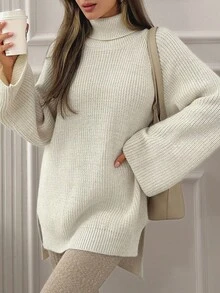 SHEIN Tall Áo len cổ lọ dáng rộng, dáng dài thoải mái, dáng rộng, dáng thu đông, chất liệu trơn, thoải mái, dáng rộng cho nữ - Màu be - Xem 1