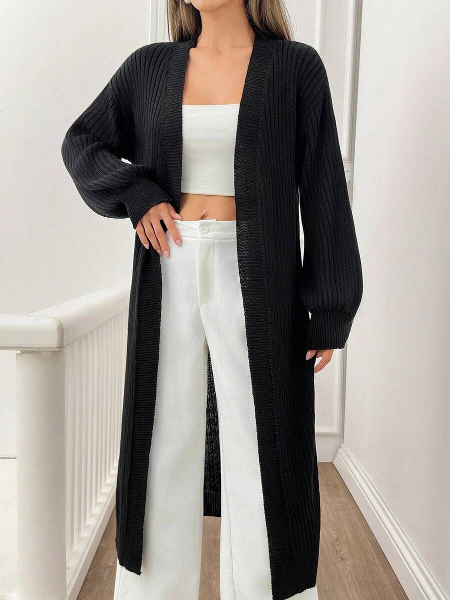 SHEIN Tall Tall Women Casual Solid Black Rib Knit Long Cardigan,Cardigans,Petite