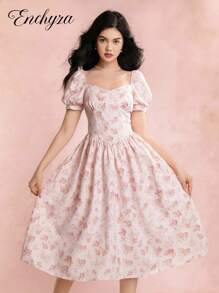 少女夏季假日风格花卉印花甜心领泡泡袖高腰连衣裙