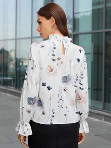 SHEIN Clasi Women's Elegant Versatile Floral Print Ruffle Sleeve Stand Collar Blouse - Multicolor - View 2