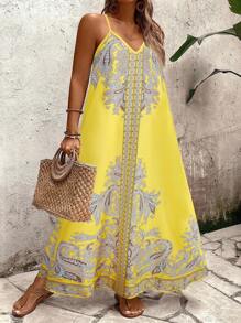 Linhara CURVE 大码女式宽松花卉印花吊带连衣裙，休闲度假装 - 芥末黃 - 查看 4