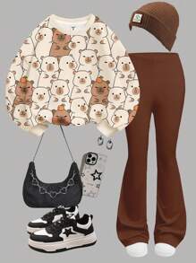SHEIN Bộ đồ gồm 2 món: Áo nỉ cổ tròn và quần ống loe in hình hoạt hình thú vật Capybara vui nhộn dành cho bé gái, chất liệu dày dặn, thoải mái, thích hợp cho mùa thu đông, dễ mặc, nhiều lớp cho bé gái, phong cách thời trang, trang phục thường ngày, quần áo in hình cho trẻ em, đi học, trang phục mùa thu, lễ hội. - Nhiều màu - Xem 3