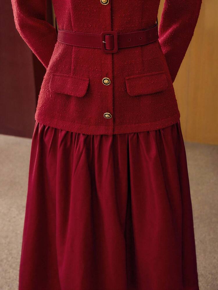 TWEED BELTED BUTTON UP DRESS