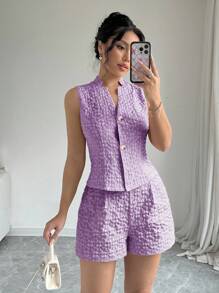 Elenzga 2 件套女士夏季单排扣休闲背心和宽松短裤，2 件套新年衣服 - 紫色 - 查看 1