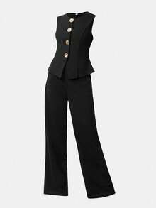 Girlism 青少年女孩无袖上衣和裤子套装，金属纽扣开合，优雅复古风格黑色女士套装黑色套装全套服装套装 - 黑色 - 查看 3