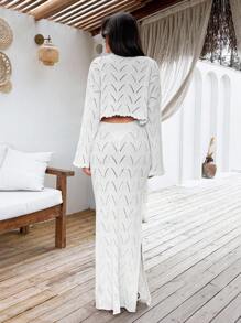 EURMUSE 2pcs/Set Women Knitted Top And High Waist Skirt Cover Up Set, Mature Style, For Summer Beach Vacation - Apricot - View 2