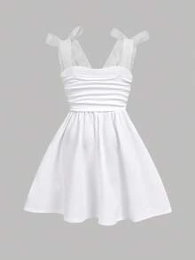 Girlism 少女杏色褶饰胸前蝴蝶结装饰吊带背心连衣裙，休闲甜美返校装 - 白色 - 查看 2