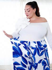 Pretty and Ole Plus Size All-Over Print Belt Tie Waist Wide Leg Pants - Blue - View 11