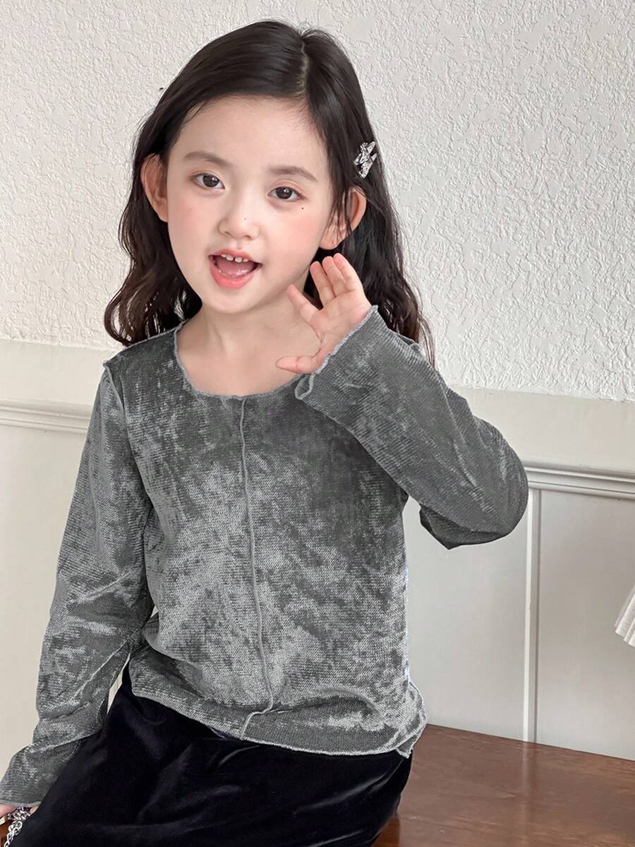 DAZY Young Girl' Velvet Texture Korean Style Long Sleeve T-Shirt, Autumn/Winter - Grey - View 1